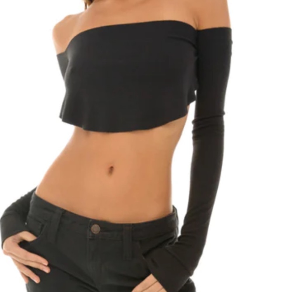 ARE YOU AM I Black Off-the-Shoulder Long Sleeve Crop Top